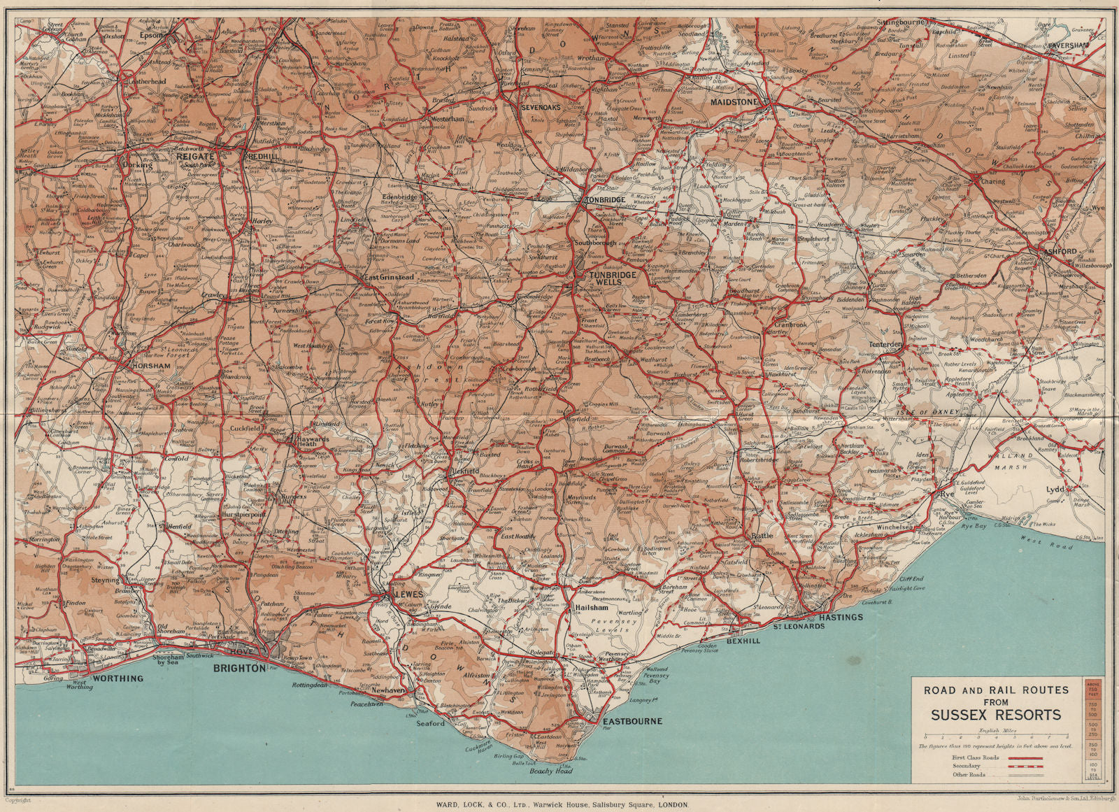 E. SUSSEX/SOUTH DOWNS. Tunbridge Wells Eastbourne Brighton Hastings Rye 1939 map